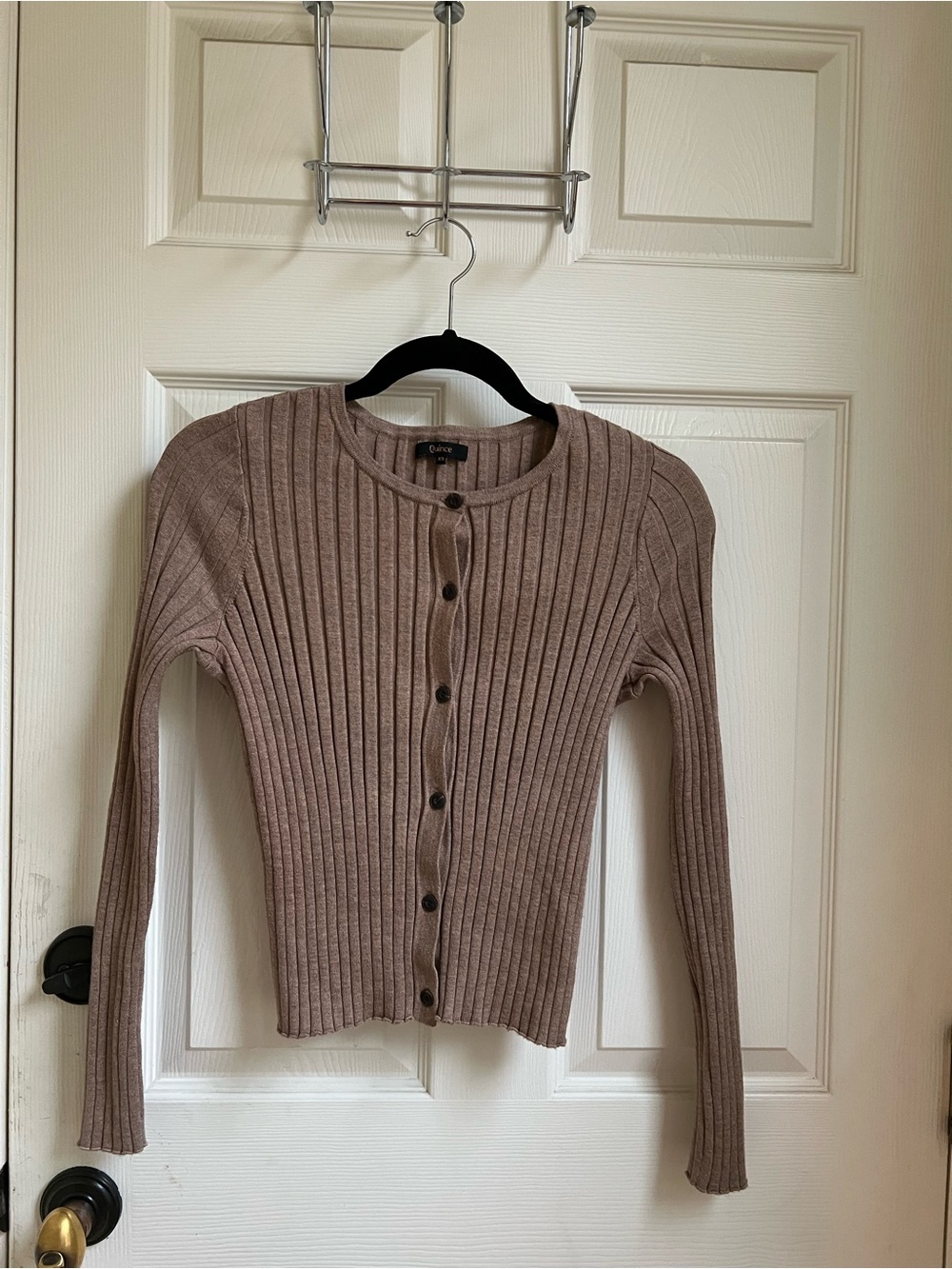 Quince Ribbed Button-Front Cardigan in Taupe